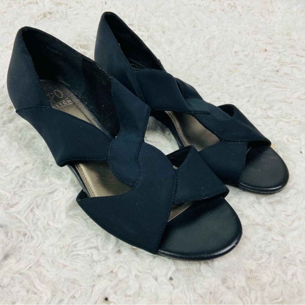 Impo stretch Black Crisscross open toe kitten wedge Heels size 8.5